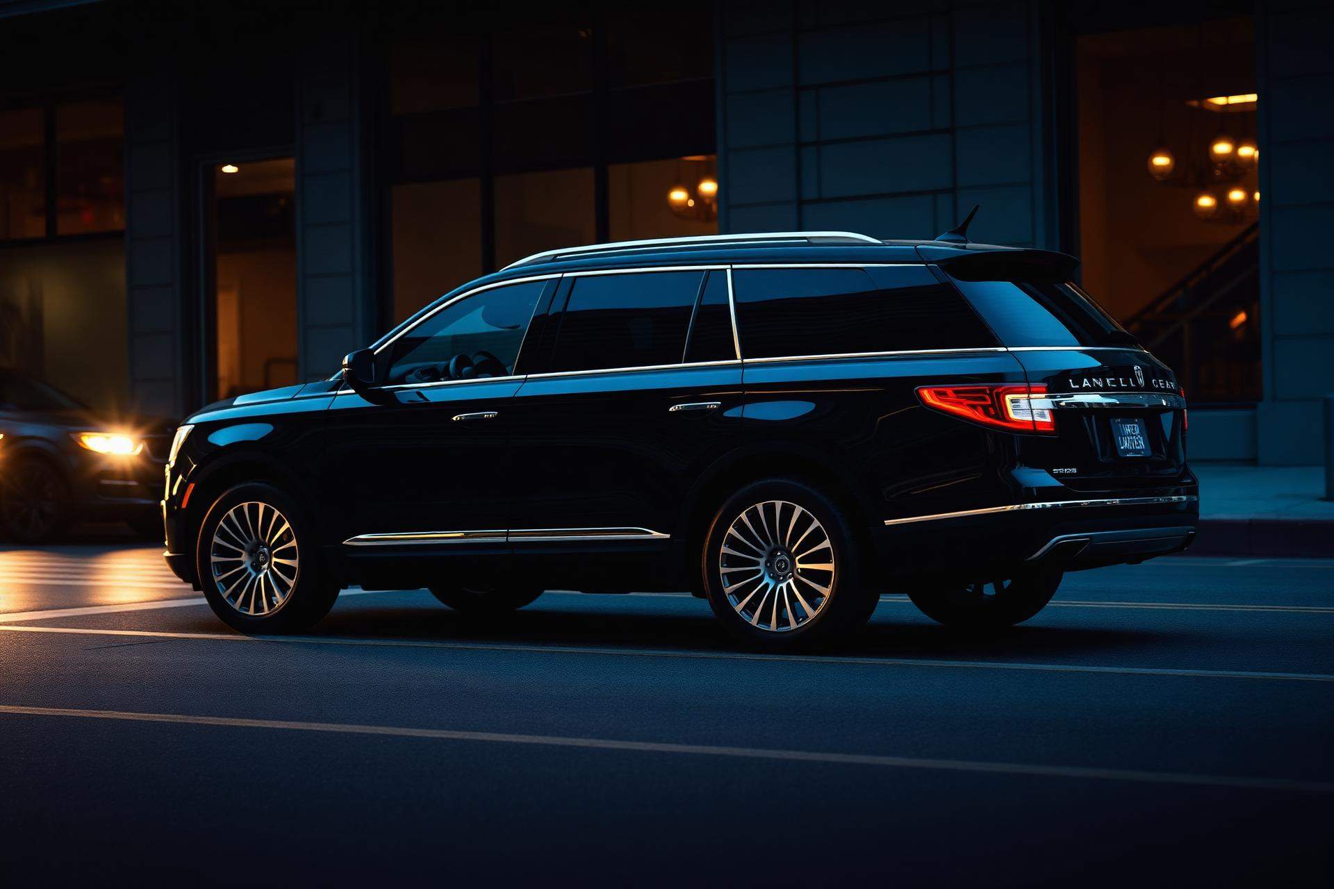Black Lincoln Aviator chauffeur SUV on a San Francisco street at dusk